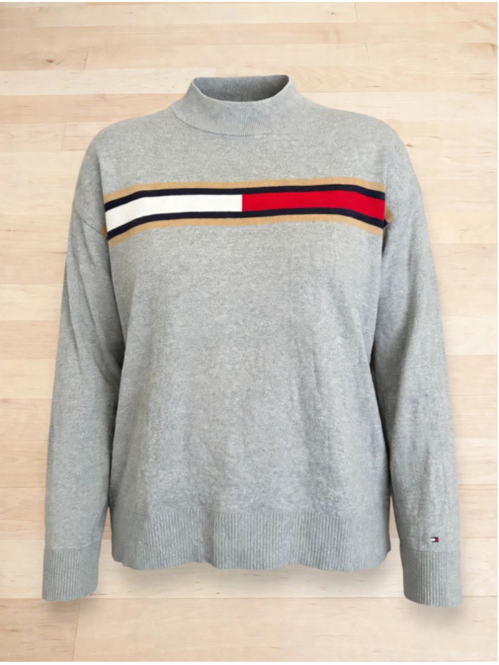 Women's Tommy Hilfiger Mock Neck Sweater Medium Grey Red White